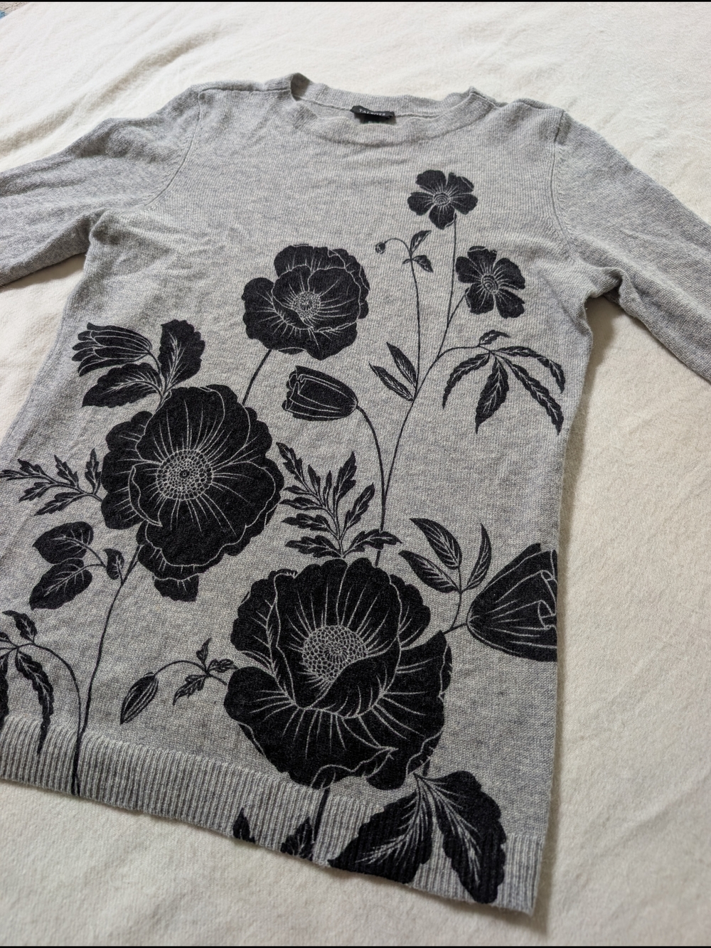 Talbots 100% Cashmere Gray Floral Sweater with Black Floral Print S